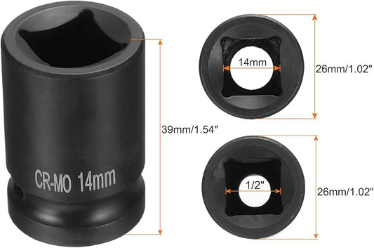 HARFINGTON 4 Point Square Socket 1/2" Drive 14mm Metric Square Impact Socket CR-MO Blackening Standard Wheel Sockets Pneumatic Socket Tool for Auto Repair Mechanical Maintenance Home Use