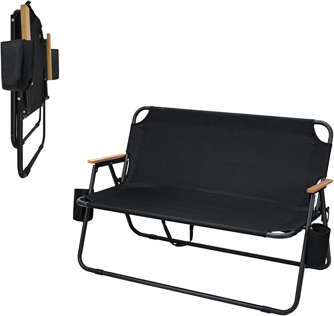 ptlsy 2 Person Camping Chair Oversized Loveseat Camping Chair Double Camping Chairs for Adults Heavy Duty Camping Couch Black Outdoor Folding Chair Portable Patio Lawn Chair