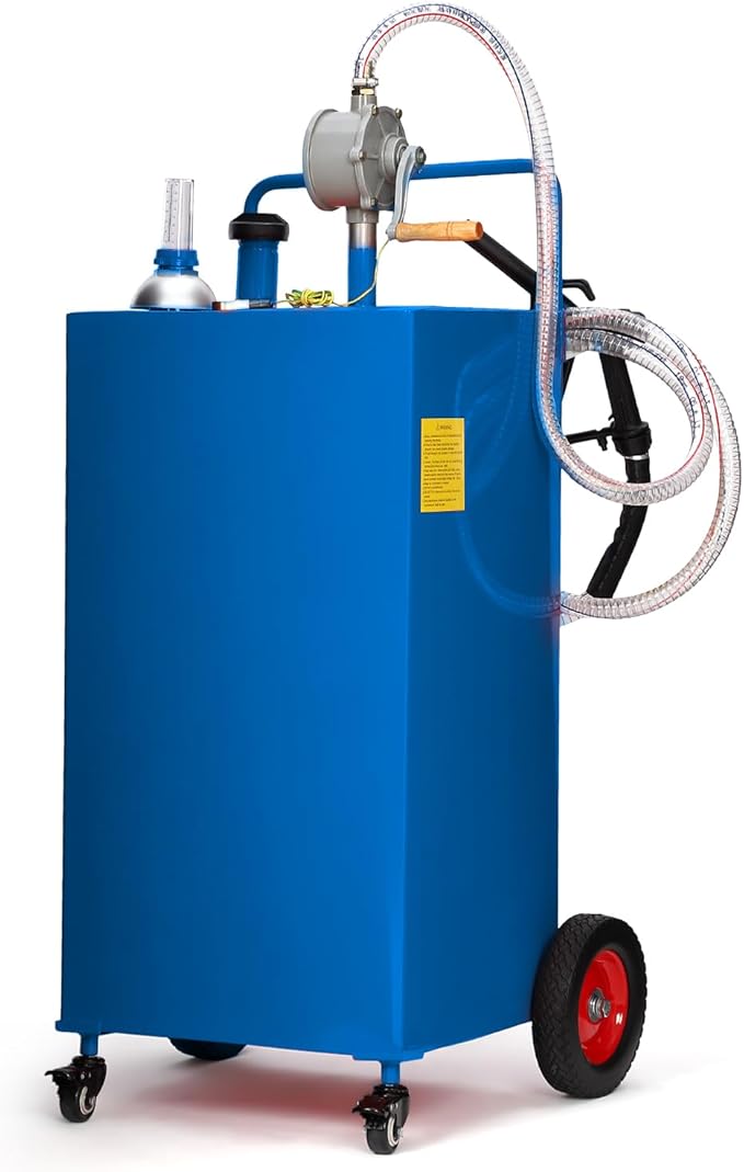 Upgraded 35 Gallon Fuel Caddy, Manual Hand Pump & Easy-Roll Wheels, Heavy-Duty UV-Resistant Steel Tank for Gas & Diesel, Portable Fuel Storage for Tractors, Mowers, Boats