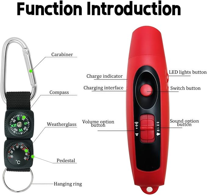 Rechargeable Bear Horn to Scare Bears, 125dB Electronic Air Horn with LED Flashlight & Compass & Thermometer, Electronic Whistle Bear Bells for Safety Hiking Camping Emergency Self Defense