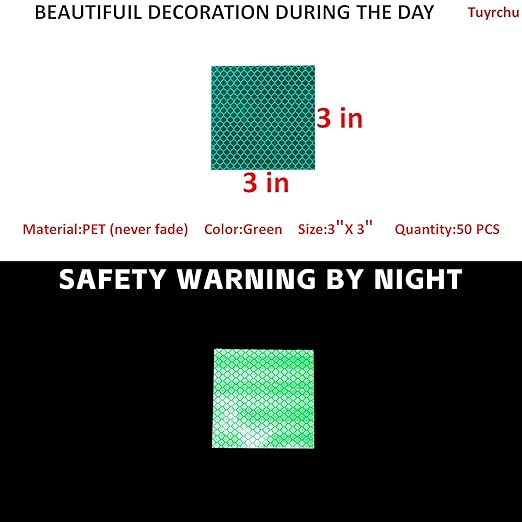 Non Fading Green Reflective Stickers 3 inch X 3 inch, Outdoor Waterproof High Visibility Warning Safety Adhesive Reflector Tape (50 Pcs)