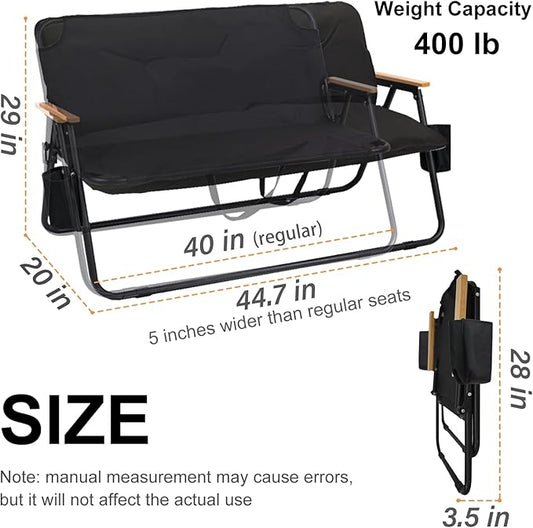 ptlsy 2 Person Camping Chair Oversized Loveseat Camping Chair with Seat Cushion Double Camping Chairs for Adults Heavy Duty Camping Couch Black Outdoor Folding Chair Portable Patio Lawn Chair