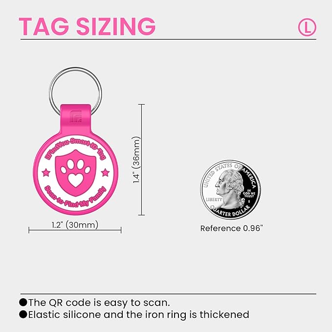 Silicone Dog Tags Personalized for Pets with QR Code, Emergency Contact Info, Anti-Lost, Scan Location Alerts(Rose Red-L)