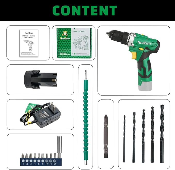 Cordless Drill Set, 12V Power Drill Driver with 1 Battery and Charger, 3/8" Keyless Chuck, 2 Variable Speed, 15+1 Torque Setting, Drill Driver Kit for Home and DIY Project
