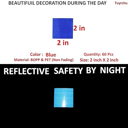 Blue Reflective Stickers 2 inch X 2 inch, Outdoor Waterproof High Visibility Warning Safety Adhesive Reflector Tape (60 Pcs)