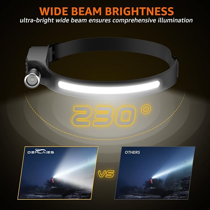 Headlamp Rechargeable with Red Light, 2 Pack Super Bright 230° Wide Beam Head Lamp, 30 Hrs Runtime, 8 Modes with Motion Sensor, Waterproof Lightweight Headlights for Camping Running Fishing