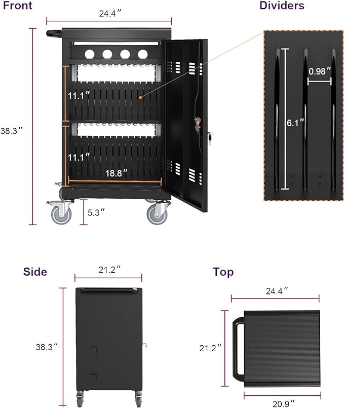 36-Device Mobile Charging Cart with Charging Power Strip and Front and Rear Access Locks, Cable Management, Up to 17"", Safe Charging Cabinet for Ipads, Chromebooks, Tablets, Laptops Black