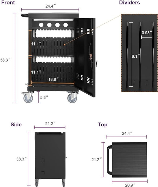 36-Device Mobile Charging Cart with Charging Power Strip and Front and Rear Access Locks, Cable Management, Up to 17"", Safe Charging Cabinet for Ipads, Chromebooks, Tablets, Laptops Black