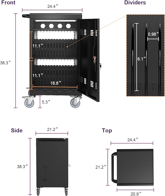 36-Device Mobile Charging Cart with Charging Power Strip and Front and Rear Access Locks, Cable Management, Up to 17"", Safe Charging Cabinet for Ipads, Chromebooks, Tablets, Laptops White