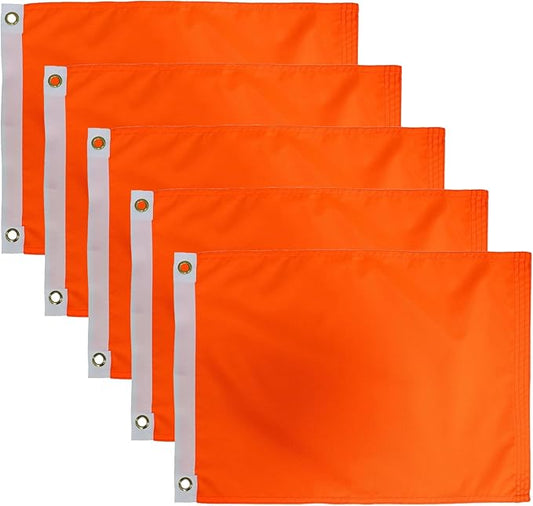 5Pack Orange Safety Flag 12x18 Inch -Longest Lasting Nylon 210D | Four Rows Stitching Fly Ends | Attention Safety Flags Decoration Gift Boat UTV ATV Car Bike Yacht Warning Banner