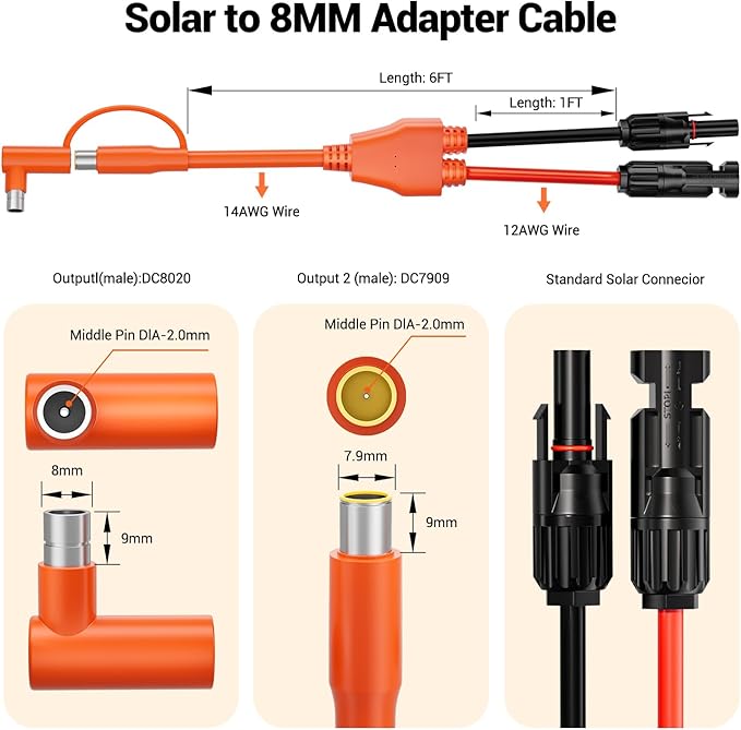 Solar Connector to DC 8mm Adapter Cable, 6FT 12AWG+14AWG Solar Cable with DC8020/7909 Compatible for Jackery Explorer 160 240 500 GZ Yeti BLUETTI Portable Power Station, Solar Generator, Solar Panel
