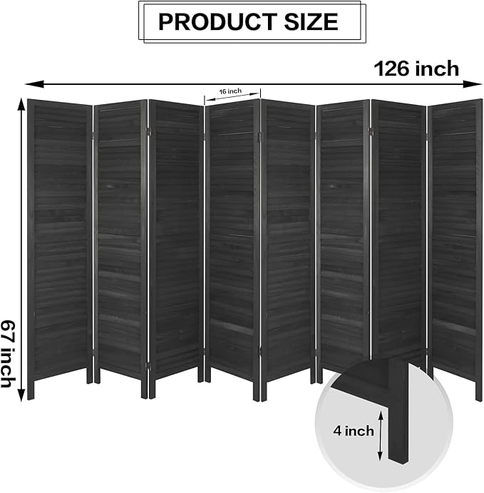 ECOMEX 8 Louver Wood Room Divider 5.6ft.Tall Folding Privacy Screen Panels, Room Divider Wall, Divider for Room Separation, Partition Room dividers and Effectively Block Sight(Black)