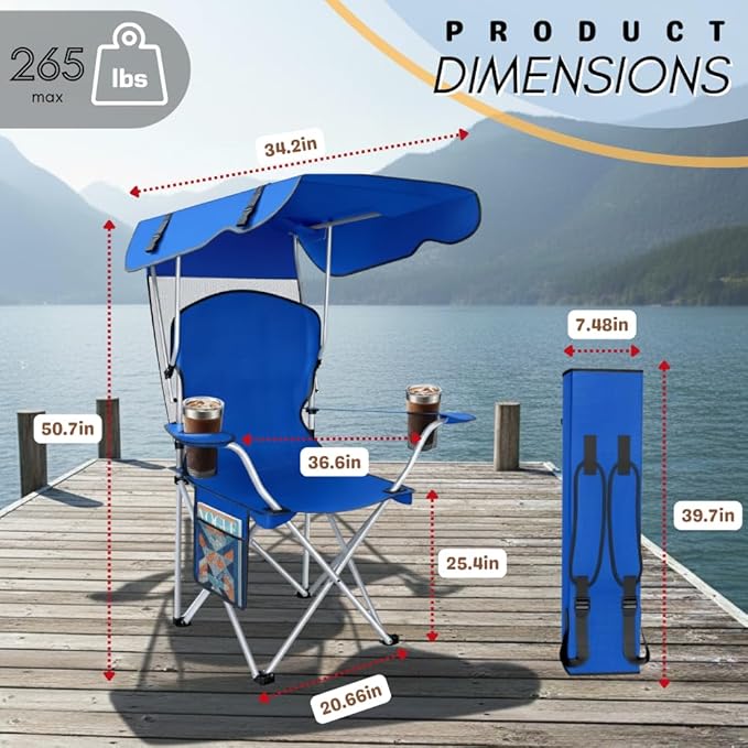 Portable Folding Camping Chairs with Canopy Shade, Beach Chair for Adults, Durable Weather Resistant 600D Oxford Cloth, Camping Chair with Canopy for Outdoors [Blue-2 Pack]
