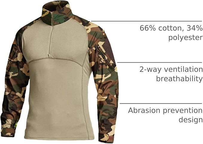 CQR Men's Combat Shirt Tactical 1/4 Zip Long Sleeve Military BDU Shirts Camo EDC Top with Pockets