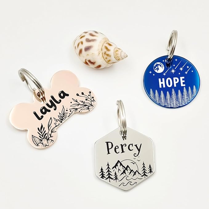 Personalized Pet ID Tags, Customizable Hexagon, Bone and Round Shapes, Multiple Designs with Mountain, Floral, and Night Sky Patterns, Stainless Steel Dog and Cat Tags (Circle)