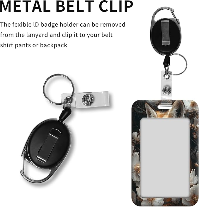 ID Badge Holder with Retractable Lanyard for Women & Men,Vertical ID Card Holder Wallet,Clear Window&Card Slot,Detachable Neck Strap for Nurse Teacher Office,Fox Blossom Elegance