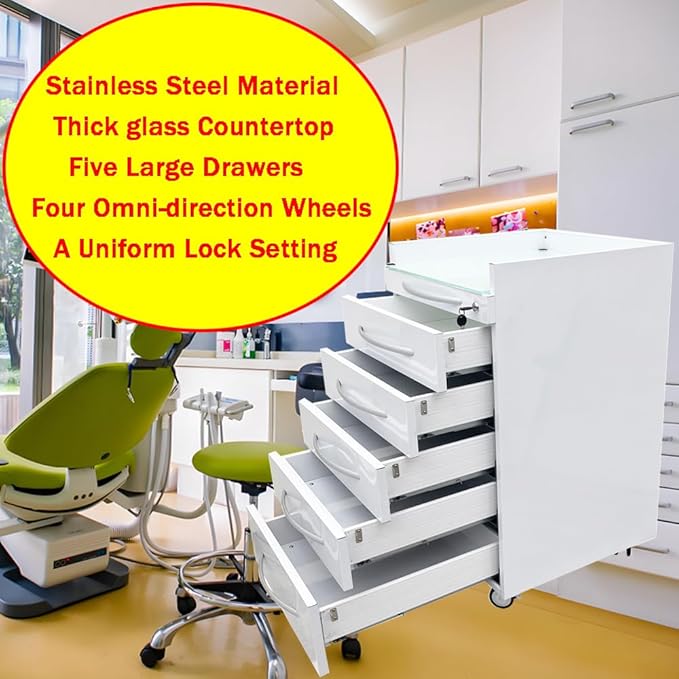 5 Drawer Dental Assistant's Mobile Cabinet Mobile Utility Storage Cart Office File Storage Cart Stainless Steel Moving Side Cabinet with Lock Wheels for Dental Medical Office Home