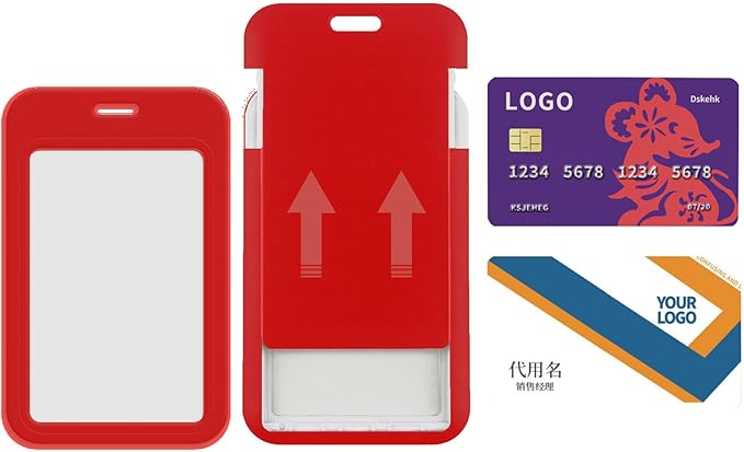 2-Pack Red Card Holder Set, Clear Plastic ID Badge Holder, Top Slot for Lanyard & Keychain, Reusable PVC Card Sleeve for Work Office School Access Card