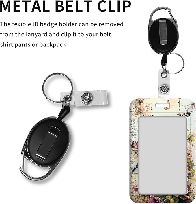 ID Badge Holder with Retractable Lanyard for Women & Men,Vertical ID Card Holder Wallet,Clear Window&Card Slot,Detachable Neck Strap for Nurse Teacher Office,Hummingbird Vintage Art
