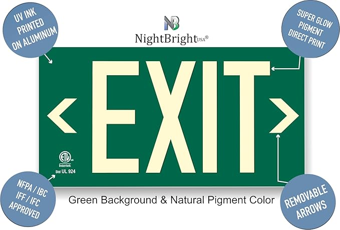 Photoluminescent Exit Sign Green W/Holes and Hardware - Code Approved Aluminum UL 924 / IBC / NFPA 101 (Directional Arrows Included)