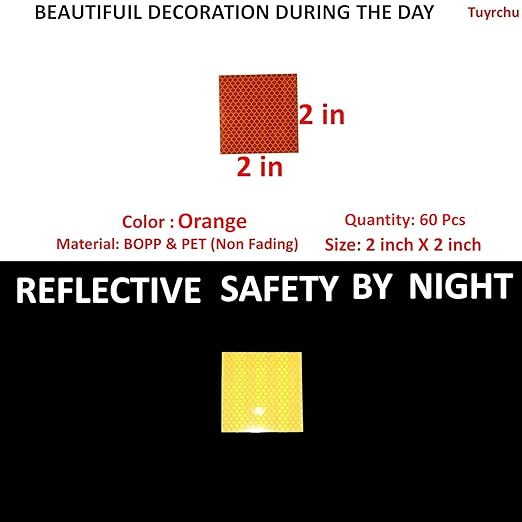 Orange Reflective Stickers 2 inch X 2 inch, Outdoor Waterproof High Visibility Warning Safety Adhesive Reflector Tape (60 Pcs)