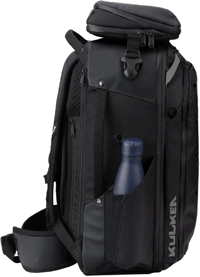 Käydä 44L Travel Backpack - Spacious Carry On Backpack with Detachable Travel Pouch, Magnetic Water Bottle Pocket, Passport and Laptop Pocket - Convertible Boot Bag for Snow Sports (Black/Silver)