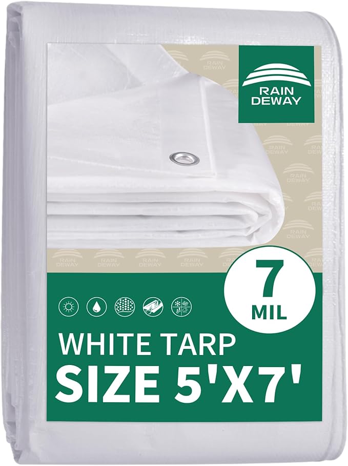 RAINDEWAY Small Tarps 5x7 Feet Tarp Waterproof,7Mil Thick,Finished Size,UV Resistant,Multipurpose Poly Tarp Cover with Metal Grommets and Reinforced Edges,White Tarps