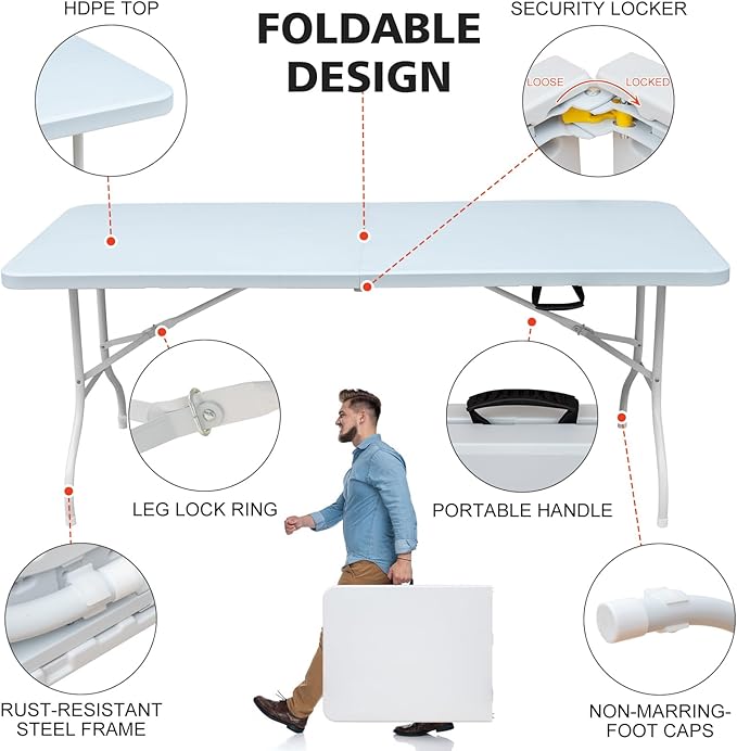 Portable 6Ft Plastic Folding Table, Heavy Duty 6ft Fold-in-Half Table with Carrying Handle, 6' Folding Utility Foldable Table for Picnic Party Camping Kitchen, Indoor/Outdoor (White)