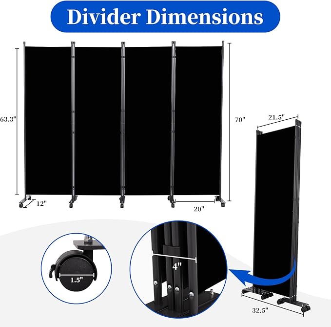 Room Divider 6FT Room Partition with Lockable Wheels, (Thicked Metal Base) Room Dividers, Freestanding Indoor Folding Privacy Screens, Portable Fabric Wall Divider for (Black, 88"- 4 Panel)
