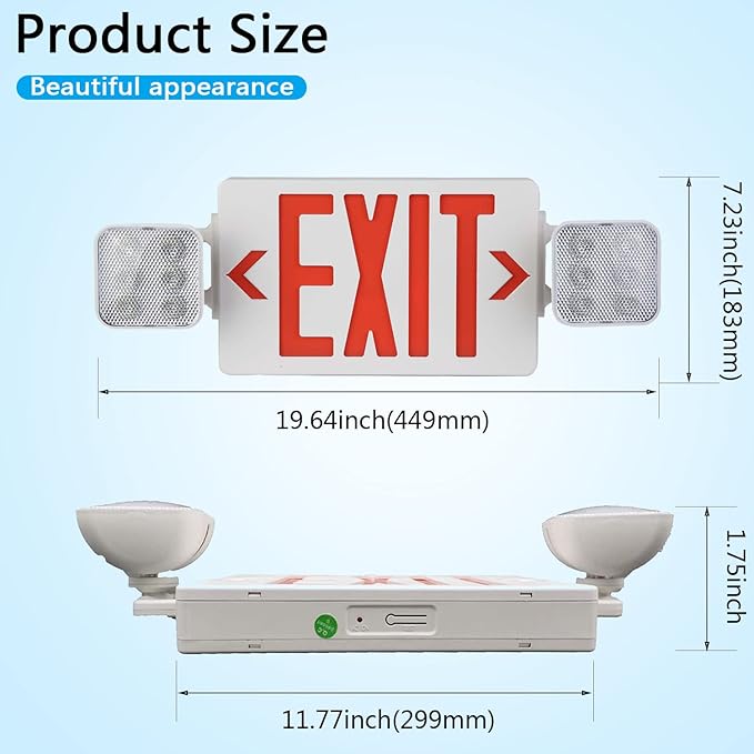 LED Exit Signs with Emergency Lights, Red LED Two Adjustable Head Emergency Exit Light with Backup Battery, AC 120V/277V, ABS Fire Resistant, UL Listed (1Pack)