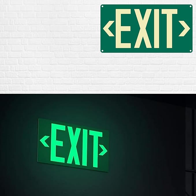 4Pack Photoluminescent Exit Sign Green, 14.25"x 7.5" Aluminum Glow In The Dark Exit Signs with Strong Adhesive Backing and 8pcs Removable Directional Arrows Glow In The Dark,Easy to install.