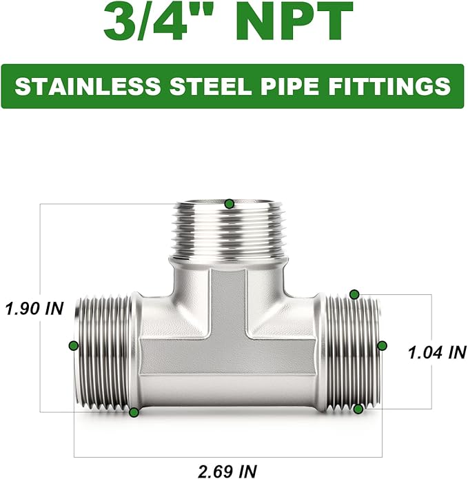 TAISHER 2PCS 304 Stainless Steel Tee Pipe Fittings, 3/4" x 3/4" x 3/4" NPT Male Pipe Fittings