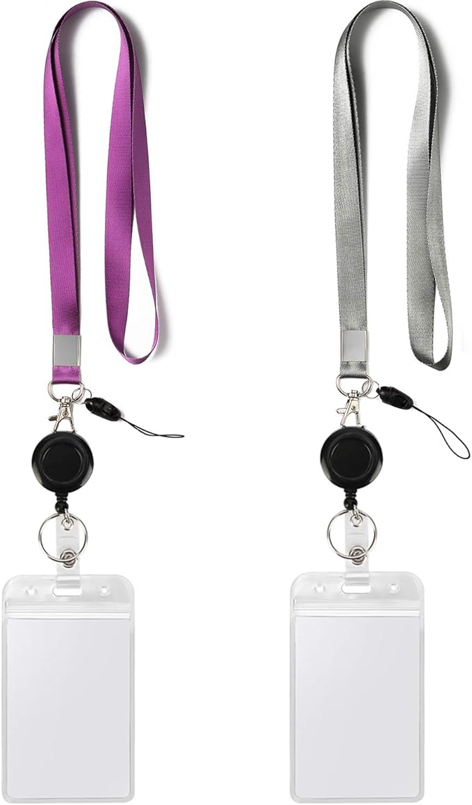 YOUOWO 2 Pack Lanyards with Vertical ID Badge Holders and Retractable Badge Reel with Clips,Office Neck Grey Purple Lanyard Waterproof