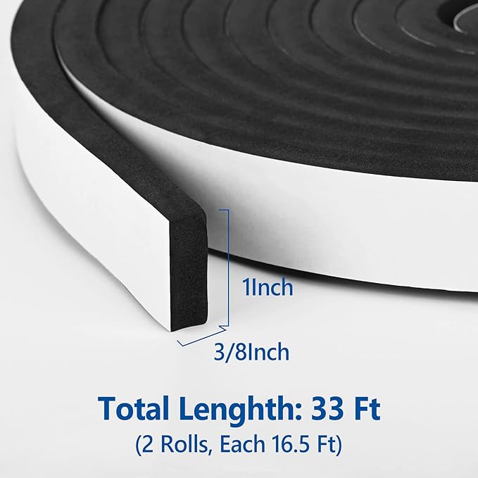 Kikerike Self Adhesive Foam Tape Weatherstrip 1In x 3/8In x 33Ft High Density Foam Insulation Strips Seal Weather Stripping with Strong Adhesive for Door and Window Sound Isolation Soundproofing