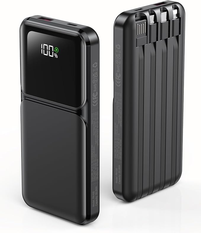 Power Bank Portable Charger with Built in Cable 10000mAh USB C Fast Charging Travel Essential Battery Pack for iPhone iPad Samsung Android etc