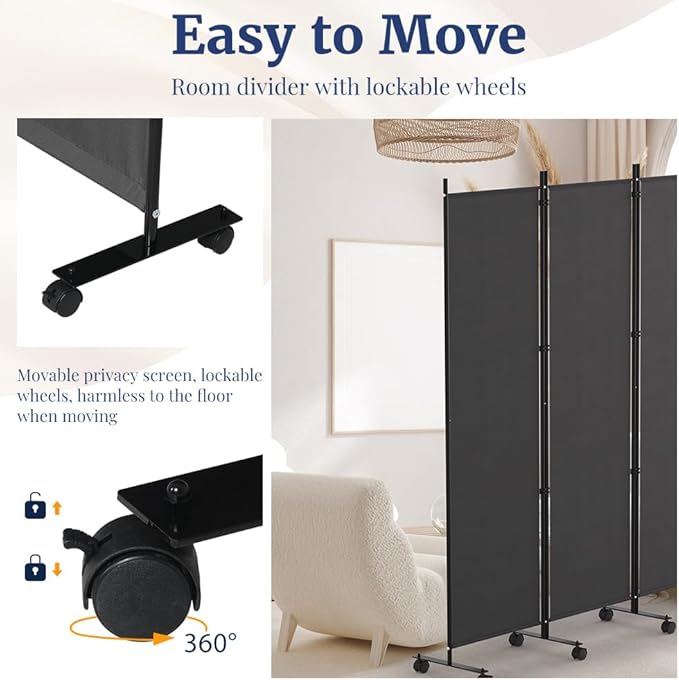 Kokorona 4 Panel Room Divider, 6FT Tall Rolling Privacy Screen with Lockable Wheels, Folding Wall Dividers Portable Room Divider for Room Separation, Included - Cover Strips, Grey, 88''W x 70''H