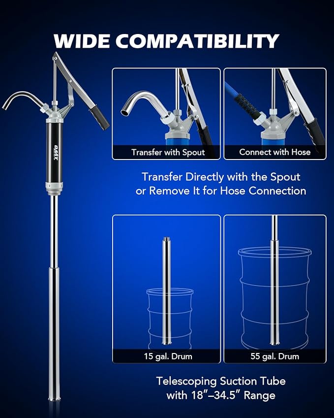 Orion Motor Tech 55 Gallon Drum Pump, Lever Action Barrel Pump for 15 to 55gal Drums, Heavy Duty Barrel Hand Pump with Telescoping Suction Tube Transferring Heating Oil, Motor Oil, Transmission Fluid