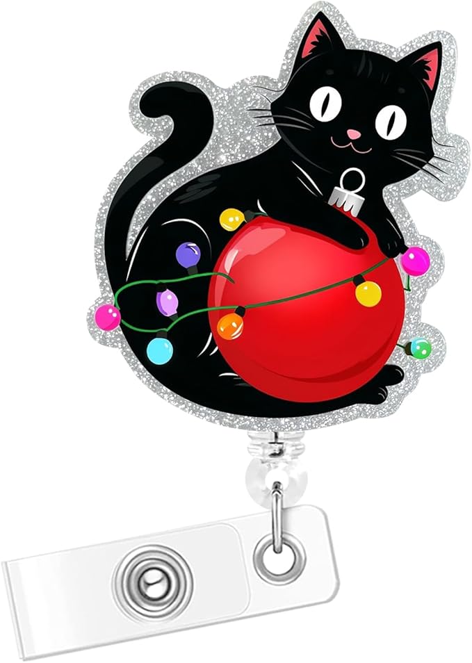 Christmas Cat Badge Reel, Cute Badge Clips Retractable for CNA Work Accessories, Glitter Badge Holder for Nurse Techer Office (Christmas Cat)