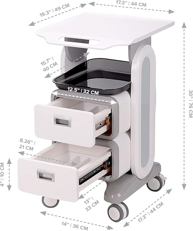 Professional Utility Cart with Wheels - Rolling Dental Office Cart with Drawers - Medical Trolley for Cavitation Machine, Esthetician Supplies, Lab Tools - Salon Trolley