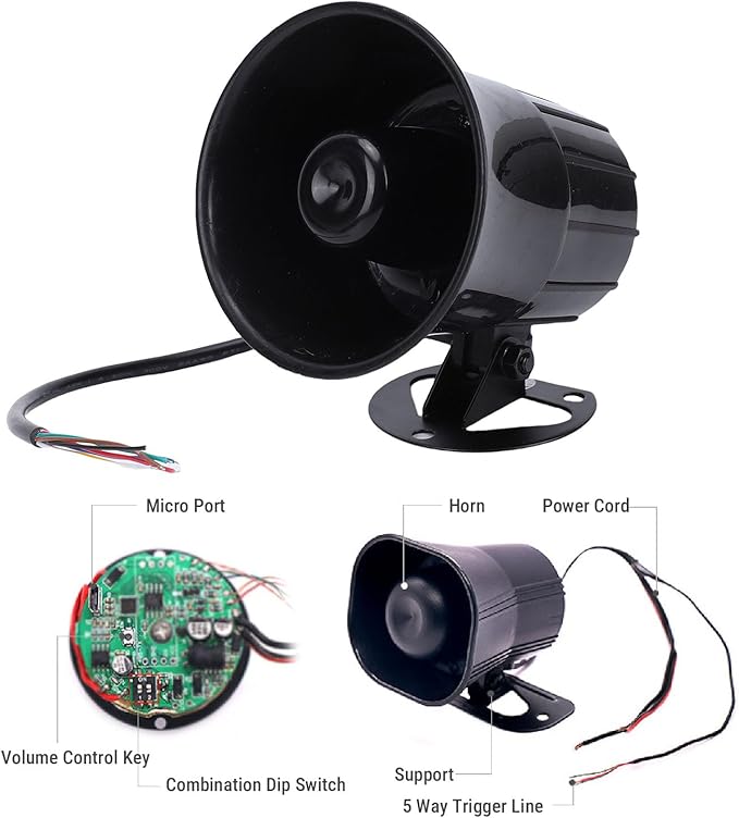 Sanpyl Alarm Horn Siren PA Speaker, 120dB 15W 8 Sound Loud Car Siren Vehicle Horn Hooter / Ambulance / Boat / Traffic Sound, Black