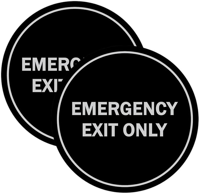 Signs ByLITA Circle Emergency Exit Only Sign (Black/Silver) - Large 2 Pack