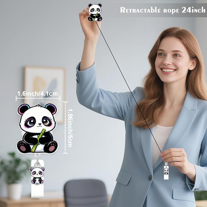 Cute Panda Badge Reel for ID Card, Funny Animal Panda Retractable Nurse Alligator Clip Badge Reel for Women, ID Name Tag Badge Holder for Office School Hospital Nurses Doctors Teachers