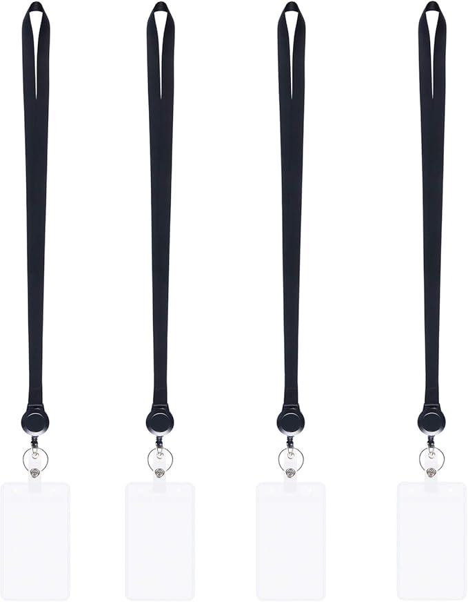YOUOWO Lanyards Black with Retractable Badge Reel and Vertical ID Badge Holder,Punched Zipper Waterproof (4 Pack Black with Badge Reel Badge Holder)