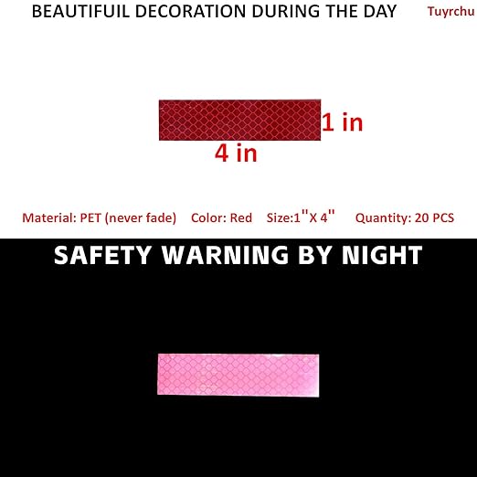 Non Fading Red Reflective Stickers 1 inch X 4 inch, Outdoor Waterproof High Visibility Warning Safety Adhesive Reflector Tape (20 Pcs)
