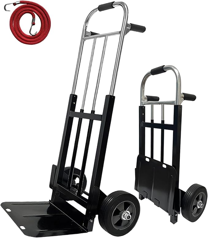 800 LB Dolly Cart with 8" Solid Rubber Wheels, Heavy Duty Folding Hand Truck Dolly with Bungee Cords, Compact Foldable Alloy Steel Design for Warehouses, Homes, Offices, and Small Business