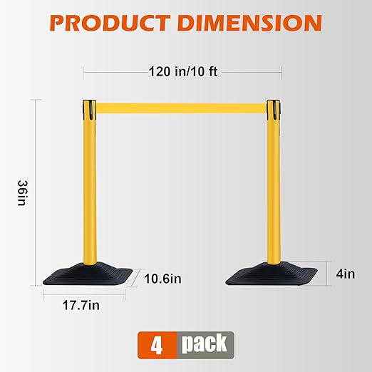 4 Pack Yellow Crowd Control Stanchion Set with 10FT Retractable Belt, Space-Saving Heavy Rectangular Base, Traffic Barrier Posts for Safety & Queue Management