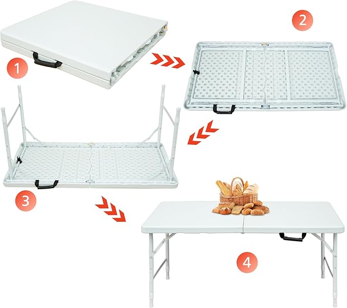 Portable 4Ft Adjustable Height Plastic Folding Table, Heavy Duty Fold-in-Half Table with Carrying Handle, Small Utility Foldable Table for Picnic Party Camping BBQ, Indoor/Outdoor(White)