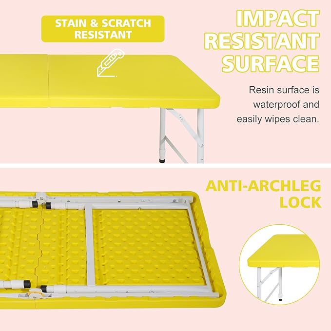 Portable 4Ft Adjustable Height Plastic Folding Table, Heavy Duty Fold-in-Half Table with Carrying Handle, Small Utility Foldable Table for Picnic Party Camping BBQ, Indoor/Outdoor (Yellow)