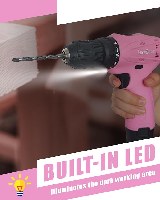 Cordless Drill Set, 12V Power Drill Driver with 2 Battery and Charger, Pink Electric Drill Power Tool for Women
