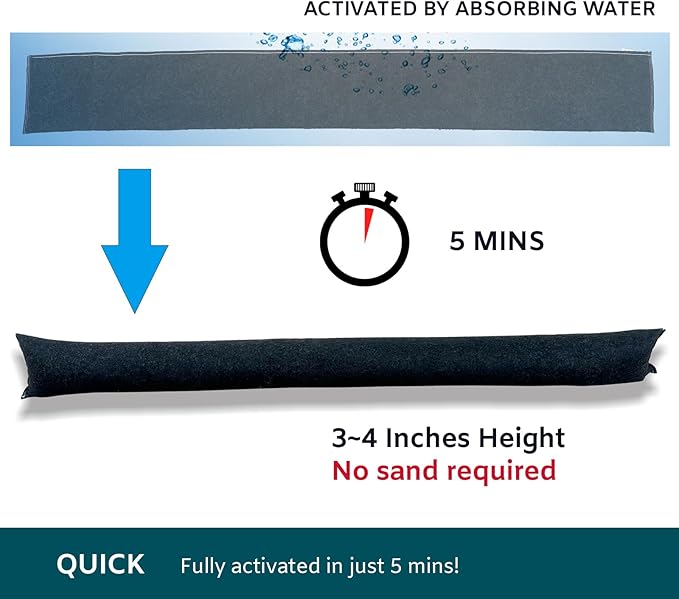 2Pcs 5FT Water Activated Flood Barriers for Garage and Home Doors, Sandless Sandbag for Rain Water Control, Easy to Use (5ft, 2Pack)